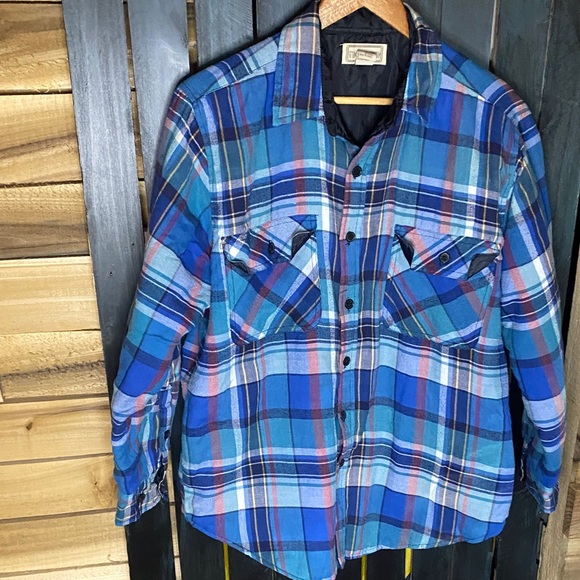 Vintage Timber Run Blue Plaid Button-Up Shirt jacket quilted lining large - Picture 1 of 5